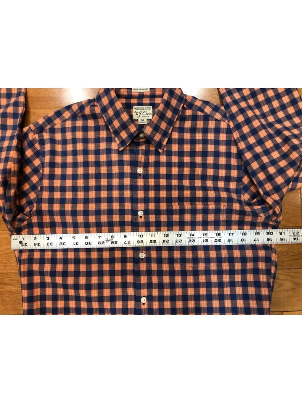 J Crew Slim Untucked Organic Cotton Orange Blue Plaid Button Front Shirt Size M
